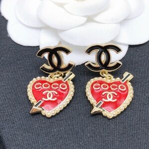 CHANEL Black and Red Heart Earrings